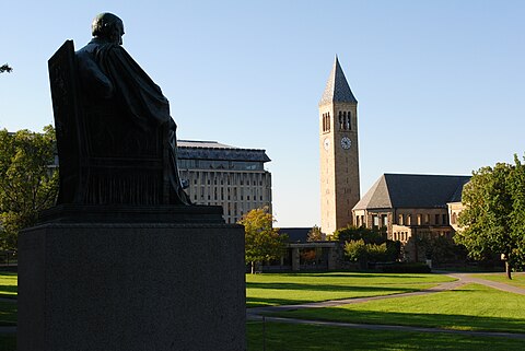 The Arts Quad on Cornell's main campus with McGraw Tower in the background