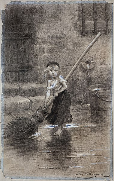 Illustration of Cosette in the Thénardiers' inn at Montfermeil depicted by Émile Bayard (1837–1891).