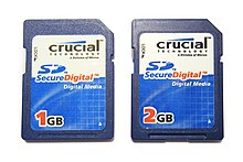 Crucial-branded SD memory cards from 2007 Crucial SD Cards 2007 1GB and 2GB (front).jpg