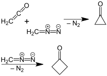 Preparation of cyclobutanone from diazomethane and ketene via cyclopropanone Cyclobutane Synthesis V.1.svg