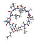 Niepodpisana grafika związku chemicznego; prawdopodobnie struktura chemiczna bądź trójwymiarowy model cząsteczki