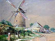 Landschap met windmolen, aquarel