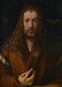 Self-Portrait at 28, 1500. Alte Pinakothek, Munich. Here Dürer presents himself in a portrait heavily invoking the iconography of Christ.