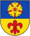 Wappen von Kevelaer: goldene Rose mit fünfzackigem Butzen und roten Kelchblättern