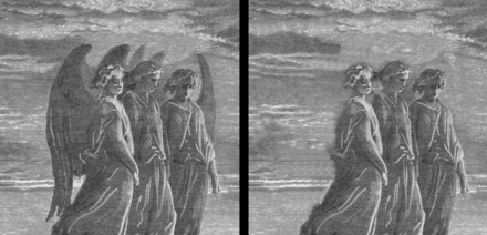 Demonstration of the clone tool to alter an image Demonstration of the Clone tool to alter an image - Abraham and the Three Angels by Gustave Dore.png