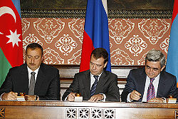 Azerbaijani President Ilham Aliyev, Russian President Dmitry Medvedev and Armenian President Serzh Sargsyan hold peace talks in Moscow on 2 November 2008. Dmitry Medvedev 2 November 2008-3.jpg