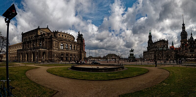 File:Dresden - Theaterplatz - Semperoper 1878 (1985) by Gottfried Semper, König Johann von Sachsen Equestrian Statue 1889 by Johannes Schilling, Hofkirche 1755 (1965) by Gaetano Chiaveri & Residenzschloss 01.jpg