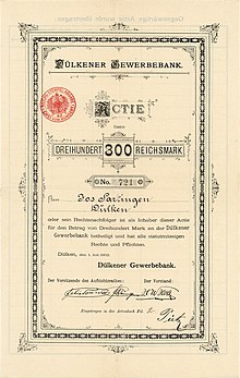 Aktie der Dülkener Gewerbebank über 300 Mark, ausgestellt am 1. Juli 1902 in Dülken, unterschrieben von dem Dülkener Unternehmen Felix Tonnar, Bruder von August Tonnar. Gegründet 1887 zur Weiterführung der bis dahin als Genossenschaft geführten Gewerbebank.