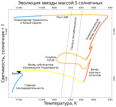 Эволюционный трек звезды массой 5 M⊙