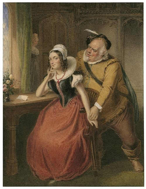 A watercolour of Act III, Scene iii: Falstaff wooing Mistress Ford.