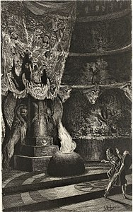Mâtho et Spendius découvrent le zaïmph dans le sanctuaire de Tanit. Gravure de Champollion d'après Rochegrosse, 1900.