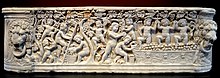 Roman lion-head lenos sarcophagus showing Cupids making wine. Ca. 290 AD. Getty Villa, Malibu. Getty vintage sarcophagus.jpg