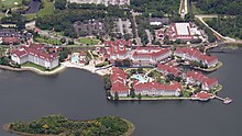 Aerial photo of the blue NBA Bubble fence through Disney's Grand Floridian. This fence isolated player lodging.
