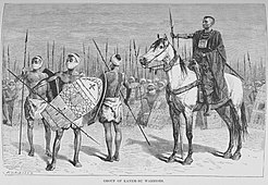 Dessin d'un groupe de guerriers, avec au premier plan trois hommes à pied et un homme à cheval, tous armés.