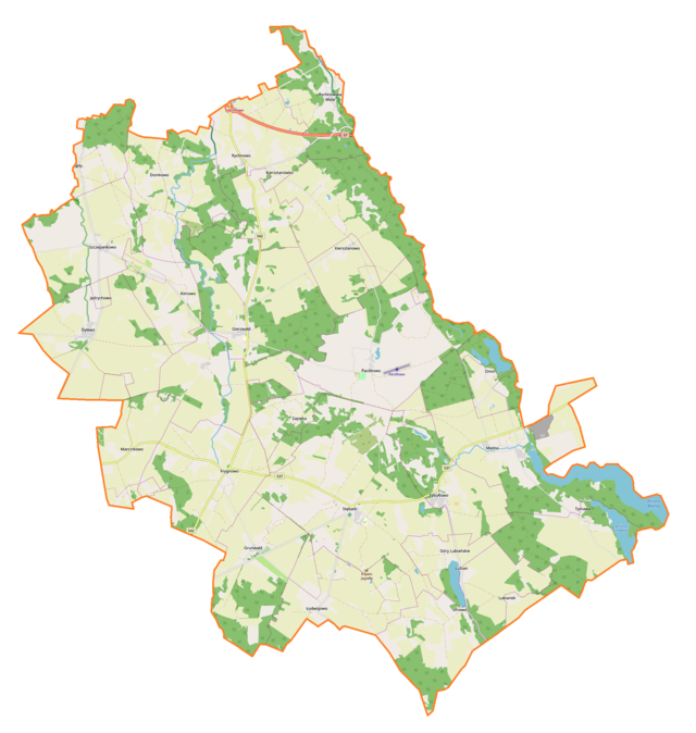 Mapa konturowa gminy Grunwald, w centrum znajduje się punkt z opisem „Lądowisko Pałac Pacółtowo”