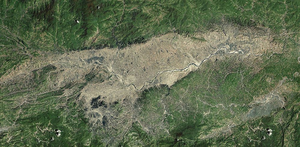 Satellite view of the Hanzhong Basin, via NASA.