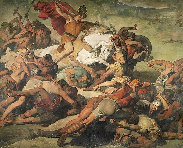 File:Hermann (Arminius) at the battle of the Teutoburg Forest in 9 CE by Peter Jannsen, 1873, with painting creases and damage removed.jpg