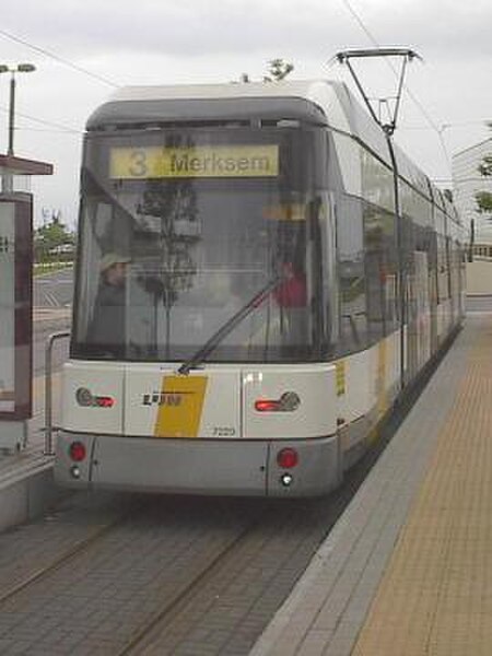 Low floor HermeLijn tram at the terminus of tramline 3 in Antwerp.