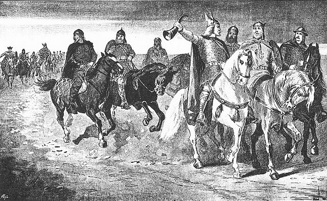 Hrólfr Kraki spreading gold to escape the Swedes, by Jenny Nyström (1895).