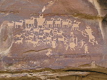Fremont culture petroglyphs of big horn sheep, Nine Mile Canyon, Utah HuntSceneNMC.JPG