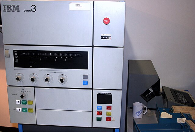 IBM System/3 console from the 1970s. Program load selector switch is lower left; Program load switch is lower right.