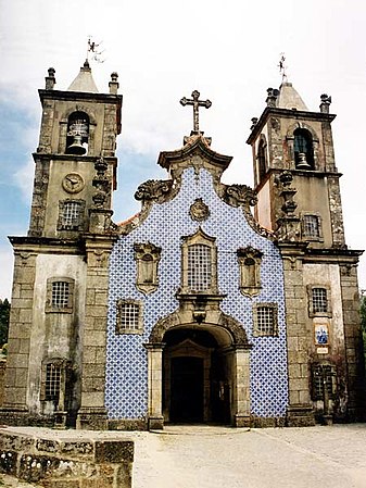 Checkered azulejos on the façade of the Igreja Matriz de Cambra, Vouzela, Portugal