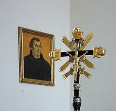 Lutheran crucifix with the portrait of Luther at Saint George's church in Immeldorf, Lichtenau