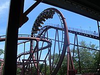 The first Bolliger & Mabillard stand-up coaster, Iron Wolf. Iron Wolf (Six Flags Great America) 01.JPG