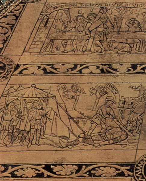 Floor tiles: David slaying Goliath in front, Samson pulling down the Philistines' Temple behind