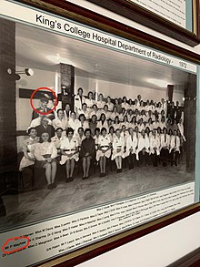 Mayhew in departmental photo of the radiology department, King's College Hospital, London, 1972