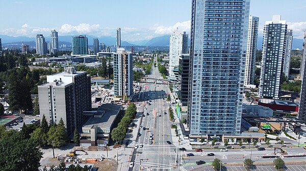 Aerial view looking north above King George Boulevard at Fraser Highway