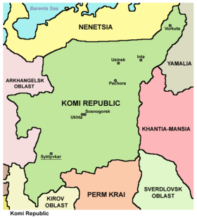 Komi-republikken og nabolandene i Russland.