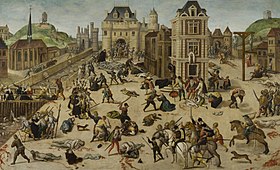 The St. Bartholomew's Day massacre in 1572, by Francois Dubois. The two top corners represent Montmartre with a windmill at left, and the Gibbet of Montfaucon on an equally steep and empty hill at right. La masacre de San Bartolome, por Francois Dubois.jpg