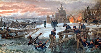 Les pontonniers au travail sur la Bérézina, le 26 novembre 1812
