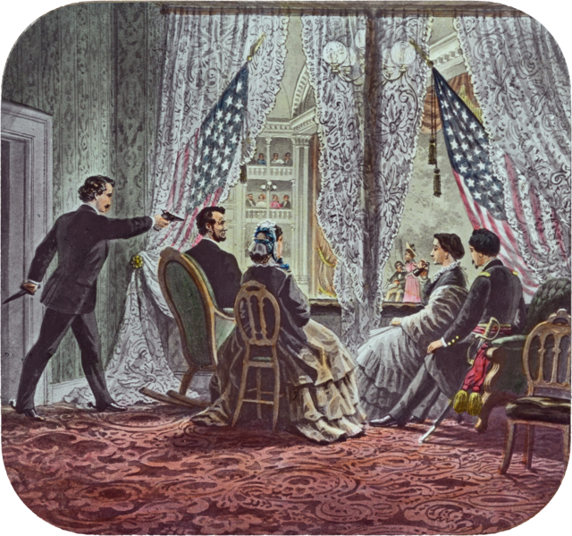 Image of Lincoln being shot by Booth while sitting in a theater booth.