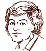 Braune Porträtzeichnung von Lucy Salani mit Bobfrisur und weißem Oberteil mit Kragen