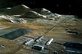 A NASA lunar base concept with a mass driver (the long structure that extends toward the horizon)