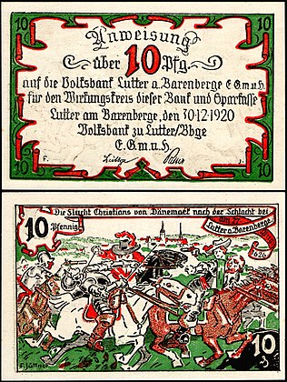 Nota de dez Pfennig Notgeld emitida em 30 de dezembro de 1920 (há 100 anos) pela cidade alemã de Lutter am Barenberge e assinada: F. Jüttner. O reverso mostra uma cena da Batalha de Lutter, em 27 de agosto de 1626, e inclui o texto "A fuga de Cristiano da Dinamarca depois da Batalha de Lutter a. Barenberge - 1626" (definição 2 145 × 2 854)