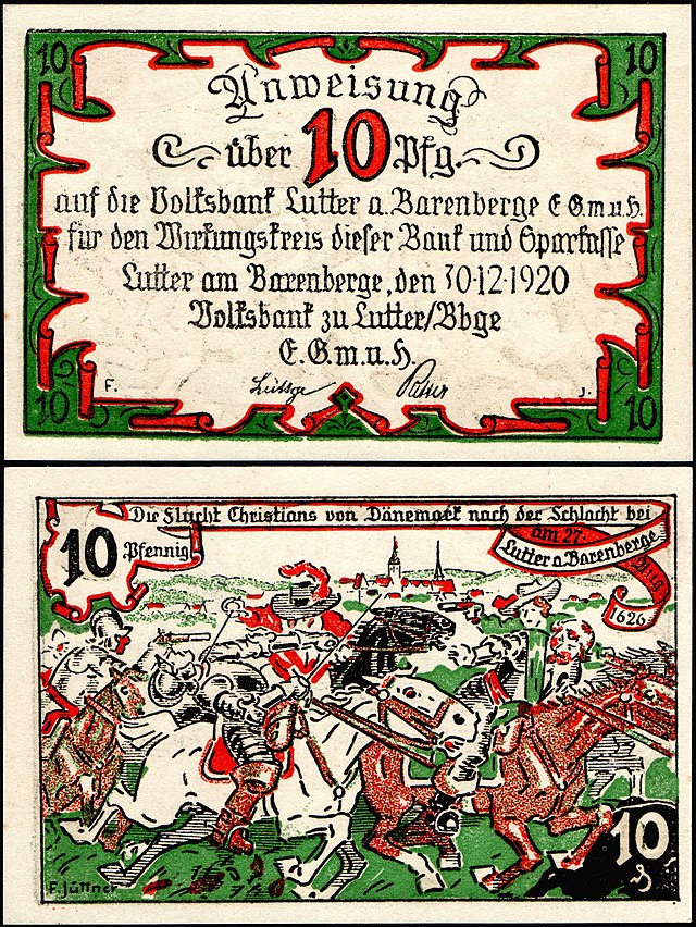 Банкнота-нотгельд в 20 пфеннигов, выпущенная в этот день сто лет назад. На реверсе изображена Битва при Луттере