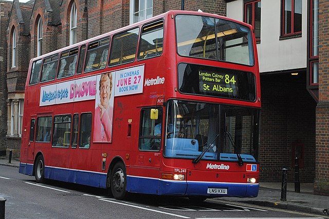Plaxton President-bodied Dennis Trident 2 on commercial route 84 in St Albans in June 2014