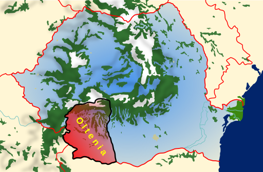 Map of Romania with Oltenia highlighted