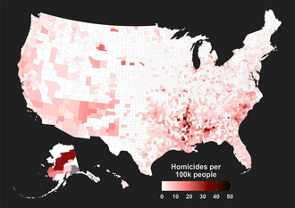 Homicide rate by county. CDC. 2014 to 2020 data. Map of US county homicide rates.png