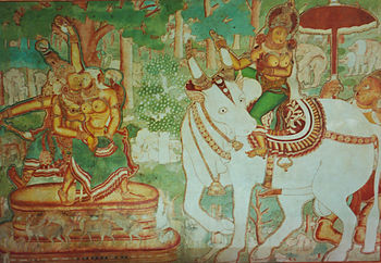 Парвати застаёт вместе Шиву и Мохини. Фреска Дворца Маттанчерри (Кочи), 1555 год