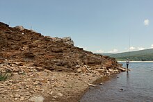 Rocks on the shore of Mavrovo Lake Mavrovo ezero.JPG