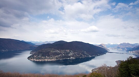 Panoramic view of Morcote and Lugano lake, as seen from Serpiano, canton Ticino, Switzerland.