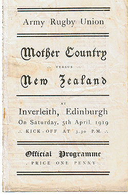 Programme for the match between the Mother Country and New Zealand service teams Mother Country vs New Zealand programme 1919.jpg