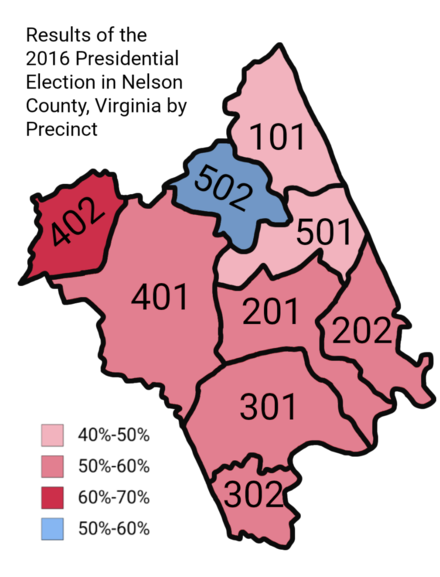 Map showing the results of the 2016 presidential election in Nelson County, Virginia by precinct