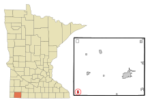 Nobles County Minnesota Sisällytetyt ja rekisteröimättömät alueet Ellsworth Highlighted.svg