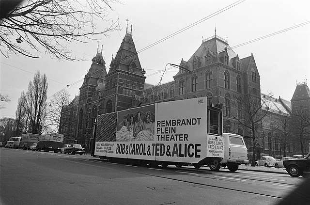 Advertising tram for the film "Bob & Carol & Ted & Alice" in Amsterdam, Netherlands (March 26, 1970).