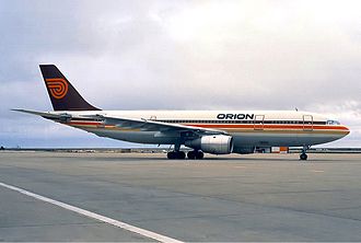 An Orion Airways Airbus A300 at Faro Airport in 1987. Orion Airways Airbus A300 Aragao.jpg